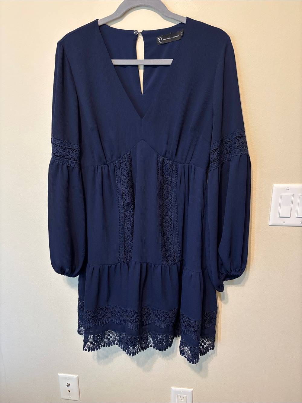 NY Collection Navy Blue V-Neck Lace-Trim  Bohemian dress size small